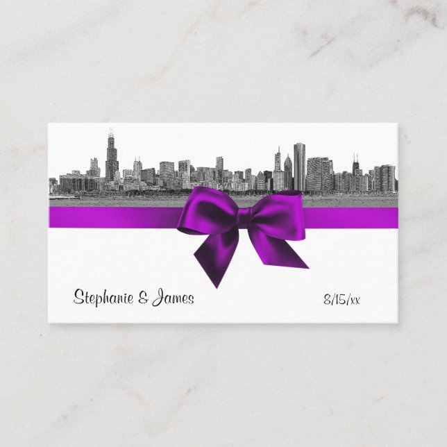 Chicago Skyline Etched BW Violet Escort Cards Placeringskort (Framsida)