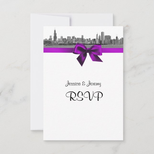 Chicago Skyline Etched BW Violet RSVP Meny (Framsida)