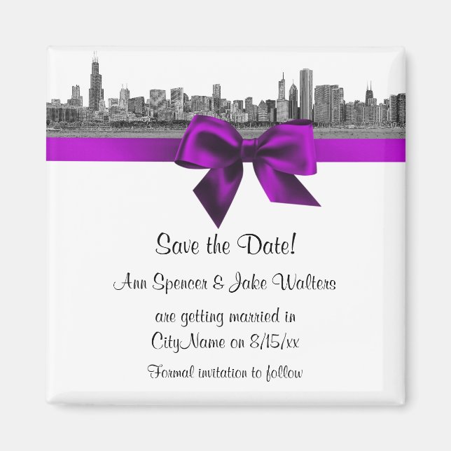 Chicago Skyline Etched BW Violett Save the Date Magnet (Framsidan)