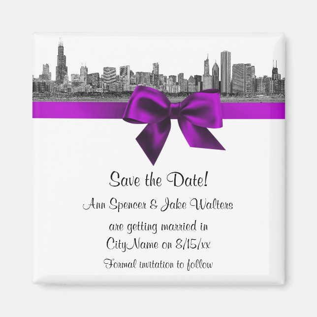 Chicago Skyline Etched BW Violett Save the Date Magnet (Framsidan)