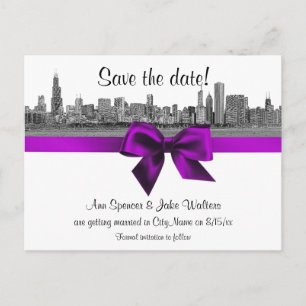 Chicago Skyline Etched BW Violett Save the Date Meddelande Vykort