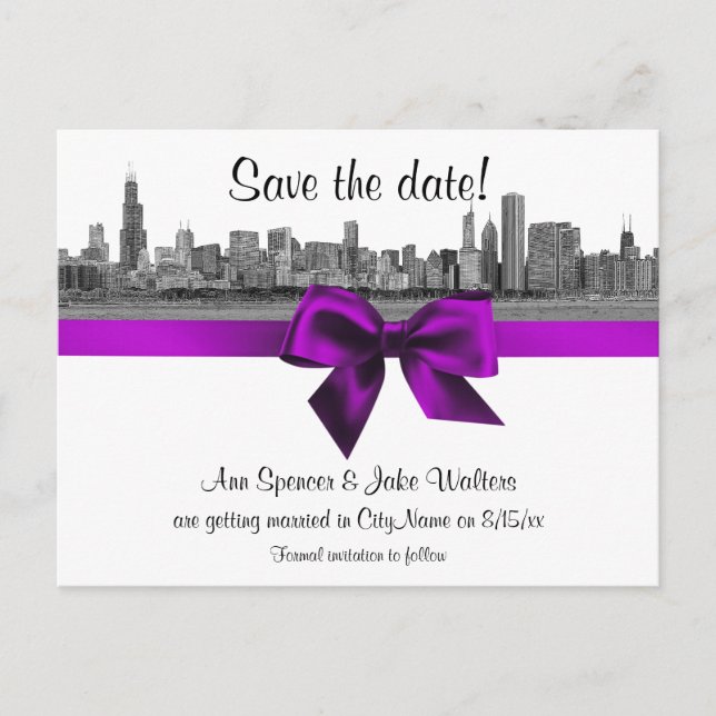 Chicago Skyline Etched BW Violett Save the Date Meddelande Vykort (Framsida)