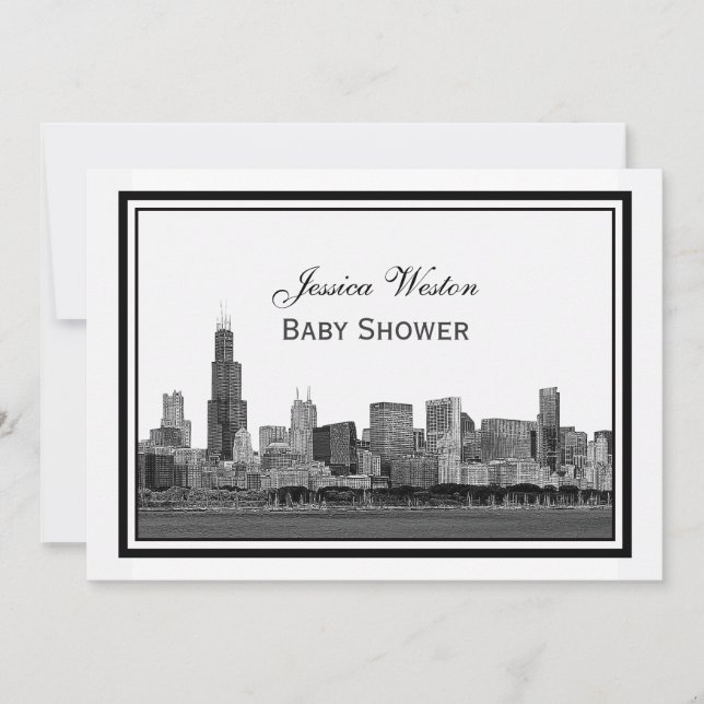 Chicago Skyline Etched Framed #2 H Baby Shower Inbjudningar (Framsida)