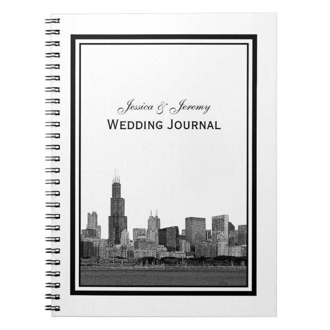 Chicago Skyline Etched Framed Bröllop Journal Anteckningsbok (Framsidan)