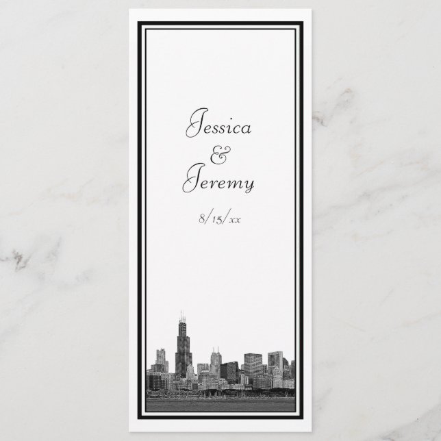 Chicago Skyline Etched Framed Bröllopsprogram Menu Program (Framsida)