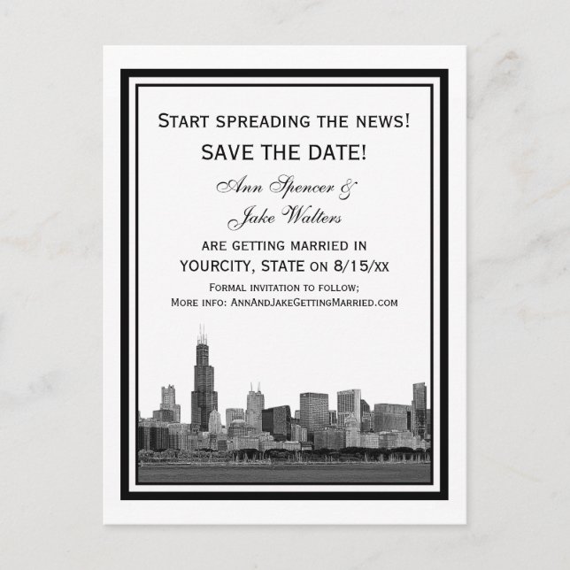 Chicago Skyline Etched Framed Save the Date Meddelande Vykort (Framsida)