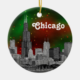 Chicago Skyline Etched, Grön Röd Stjärnig Himmel J Julgransprydnad Keramik