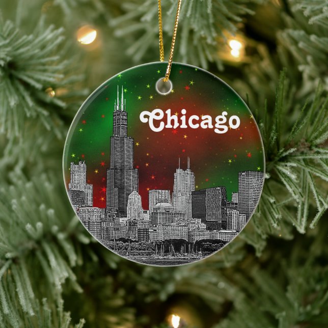 Chicago Skyline Etched, Grönt Red Starry Himlar Ju Julgransprydnad Keramik (Träd)