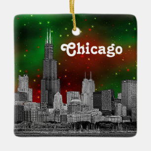 Chicago Skyline Etched, Grönt Red Starry Himlar Ju Julgransprydnad Keramik