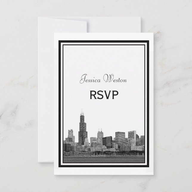 Chicago Skyline Etched Inram RSVP OSA Kort (Framsida)