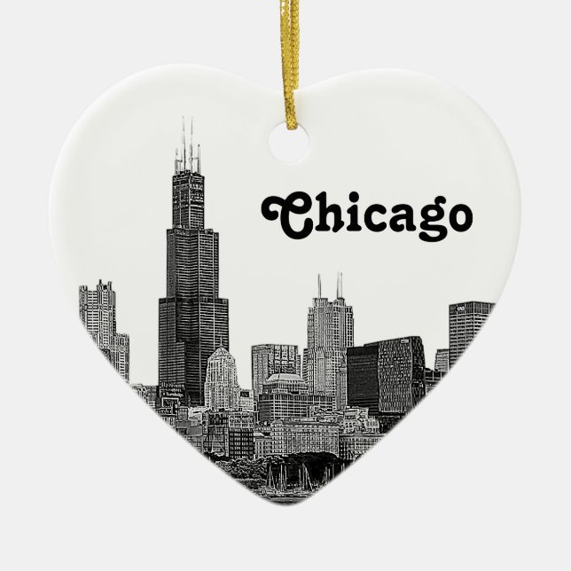 Chicago Skyline Etched Julgransprydnad Keramik (Framsidan)