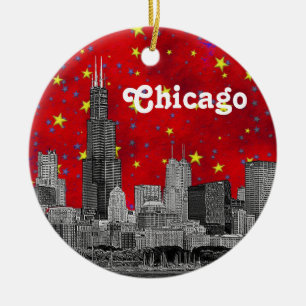 Chicago Skyline Etched, Red Starry Himlar Julgransprydnad Keramik