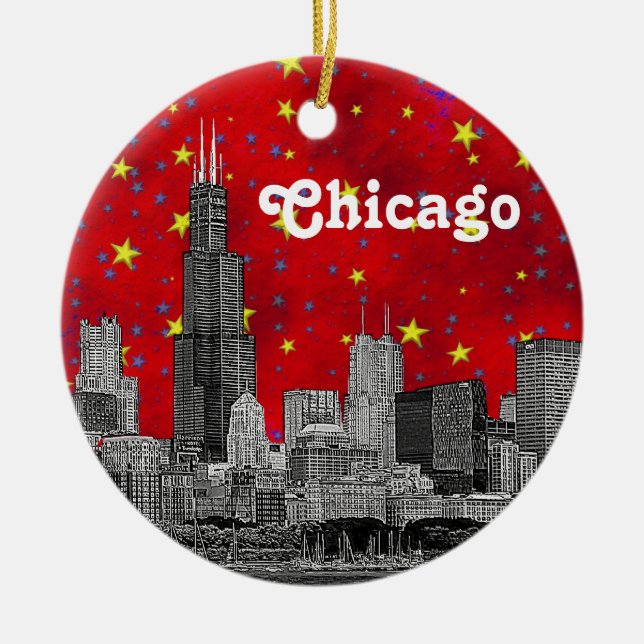 Chicago Skyline Etched, Red Starry Himlar Julgransprydnad Keramik (Framsidan)