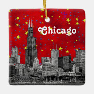 Chicago Skyline Etched, Red Starry Himlar Julgransprydnad Keramik
