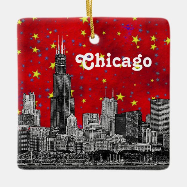 Chicago Skyline Etched, Red Starry Himlar Julgransprydnad Keramik (Framsida)