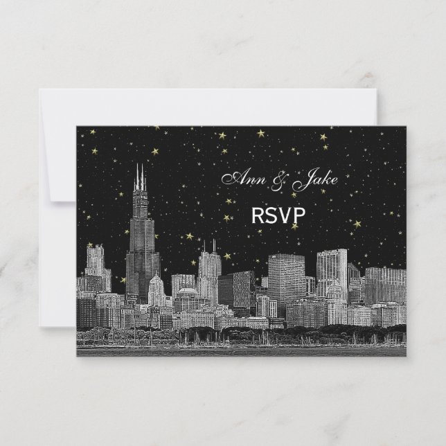 Chicago Skyline Etched Starry DIY BG RSVP #2 OSA Kort (Framsida)