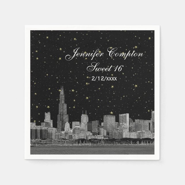 Chicago Skyline Etsad DIY BG Sweet 16 Stjärna Pappersservett (Framsidan)