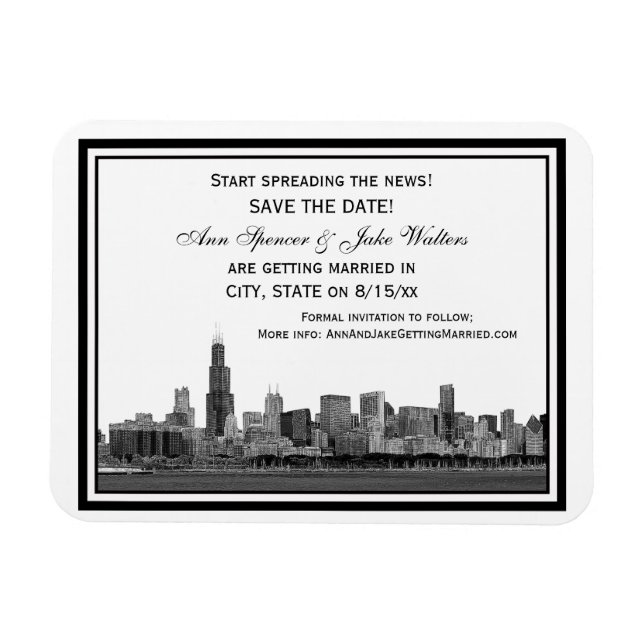 Chicago Skyline Etsad Inramad Save the Date Magnet (Horisontell)