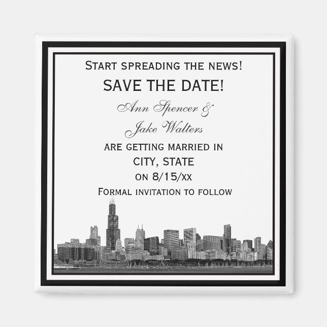 Chicago Skyline Etsad Inramad Save the Date Magnet (Framsidan)