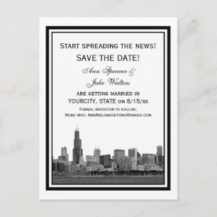 Chicago Skyline Etsad Inramad Save the Date Meddelande Vykort