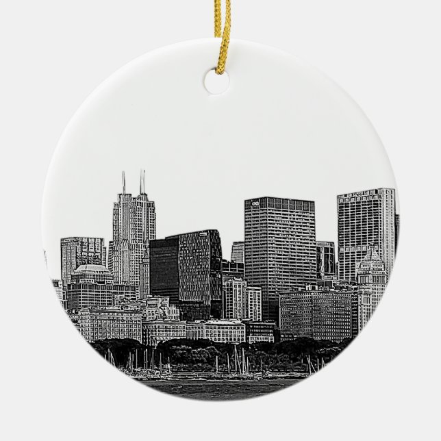 Chicago Skyline Etsad Julgransprydnad Keramik (Framsidan)