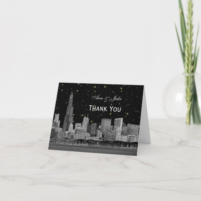 Chicago Skyline Etsad Stjärnig DIY Bakgrund Tack Kort (Framsida)