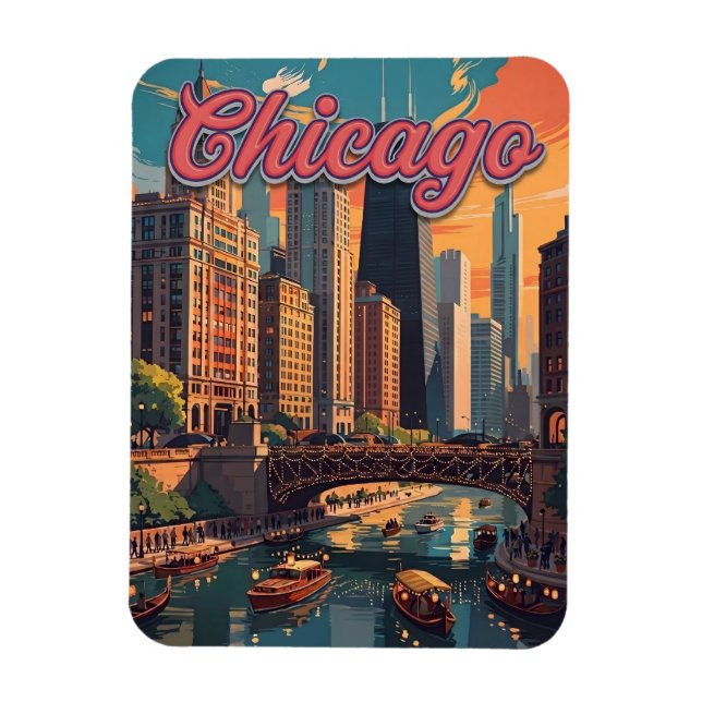 Chicago Skyline Flodpromenad  Magnet (Vertikal)