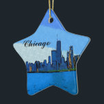 Chicago Skyline i Collage-målning Julgransprydnad Keramik<br><div class="desc">Chicago Skyline utgör en vacker och anpassningsbar stjärnformad design för upphängningsbar dekoration</div>
