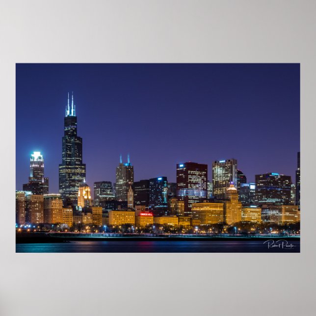 Chicago Skyline Illinois Night Himlar Poster (Framsidan)