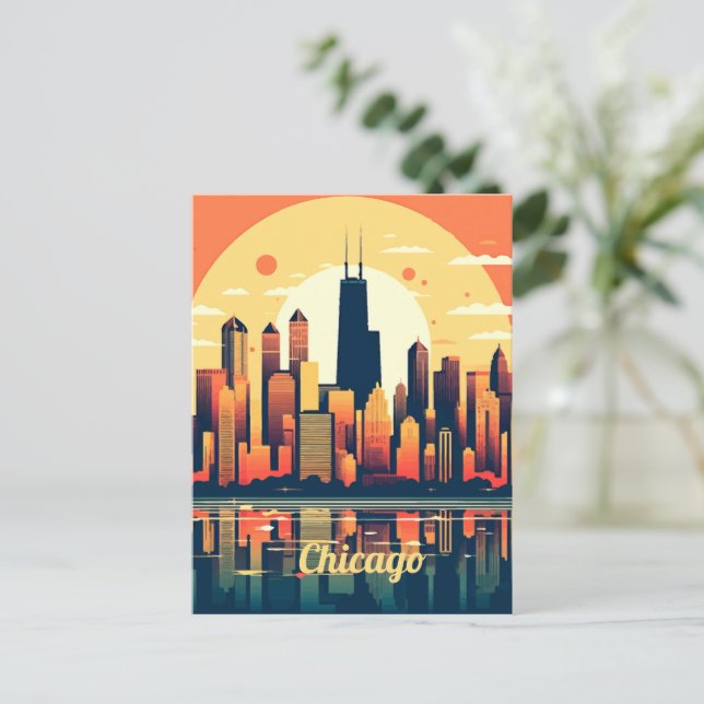 Chicago Skyline Illustration i Orange Vykort (Stående Fram)