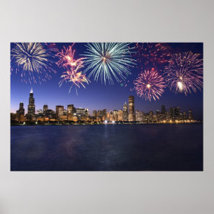 Chicago Skyline med Fireworks Print Poster