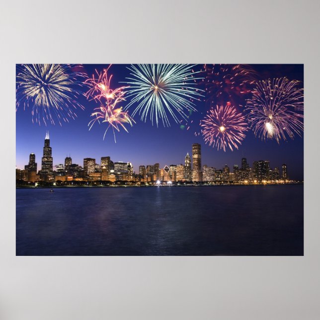 Chicago Skyline med Fireworks Print Poster (Framsidan)