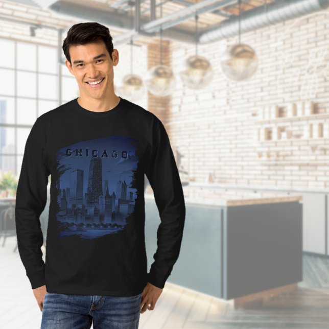 Chicago Skyline Modern Blå Svart T-Shirt (Chicago Skyline Black T-Shirt)