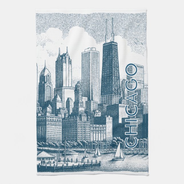 Chicago Skyline Modern Blå Vit Kökshandduk (Vertikal)