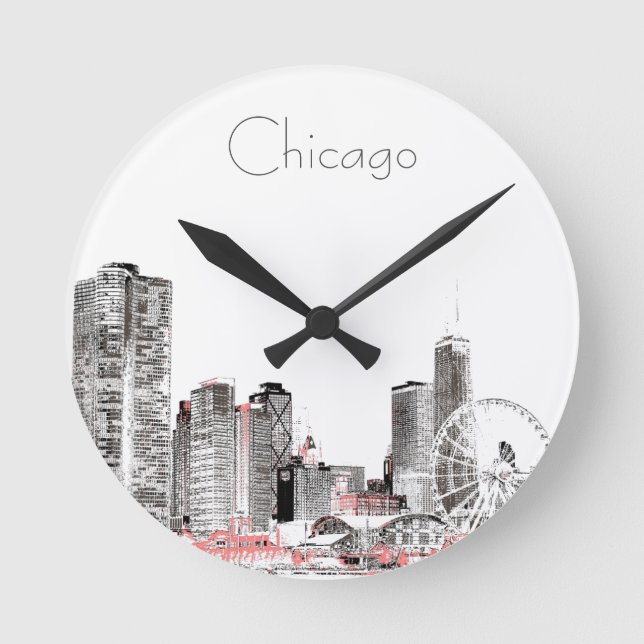 Chicago Skyline modern grått rosa design Rund Klocka (Framsida)