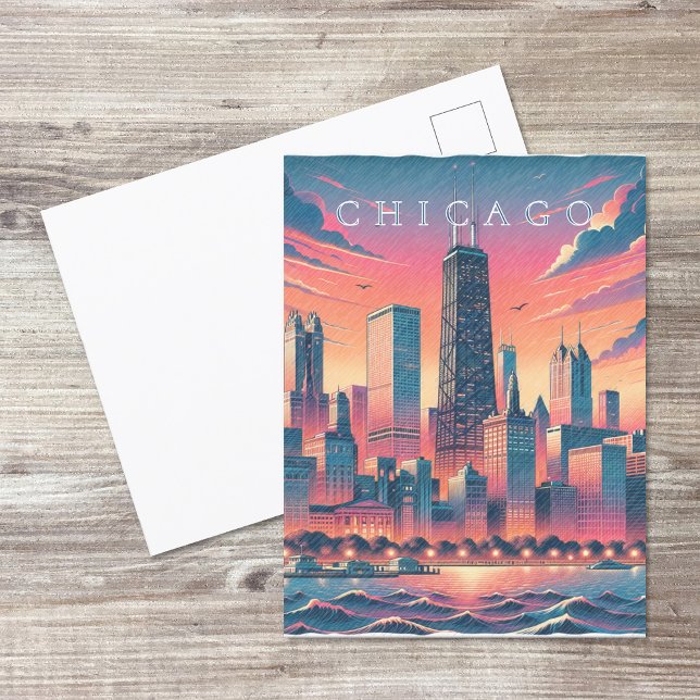 Chicago Skyline Modern Postcard Vykort (Chicago Skyline Modern Postcard (front and back))