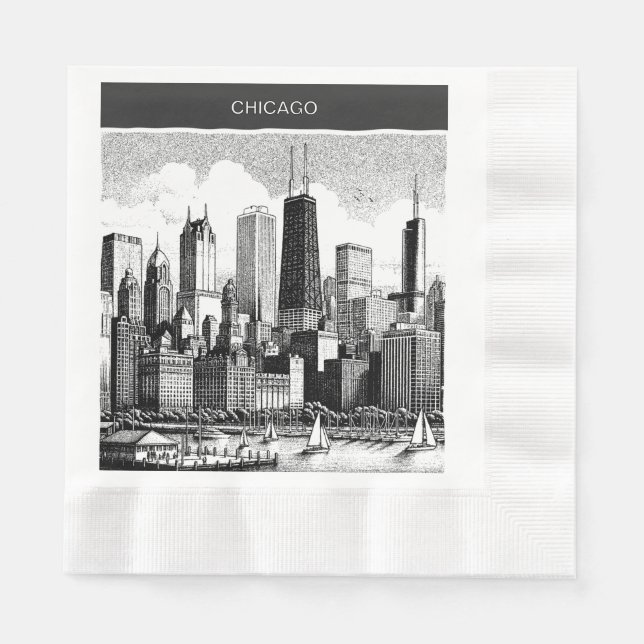 Chicago Skyline Modern Svart Vitt Pappersservett (Framsidan)