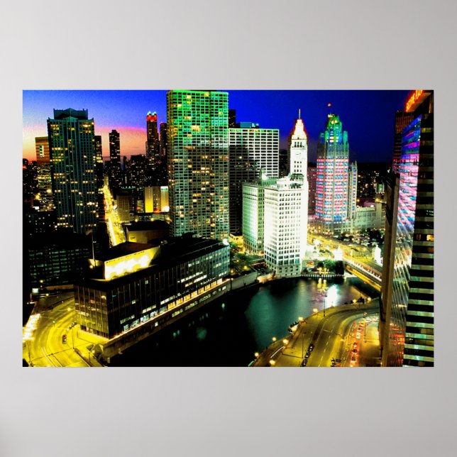 Chicago Skyline Nightime Poster (Framsidan)