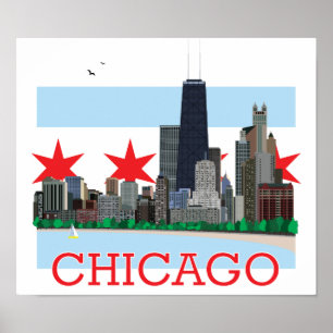 Chicago Skyline och City Flagga Poster