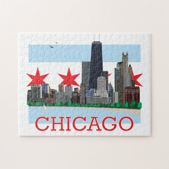 Chicago Skyline och City Flagga Pussel (Horisontell)