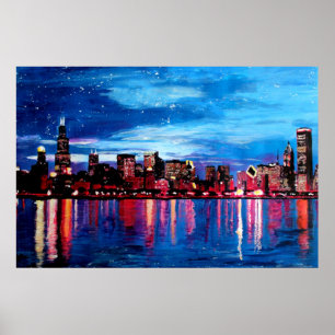 Chicago Skyline på Night Poster