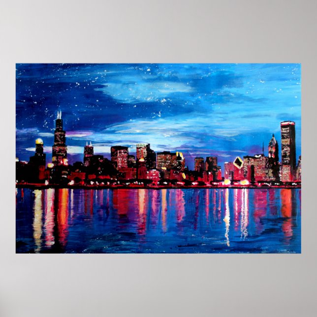 Chicago Skyline på Night Poster (Framsidan)