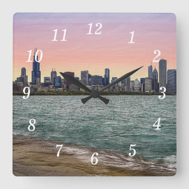 Chicago Skyline Painterly Wall Clock Fyrkantig Klocka (Framsida)