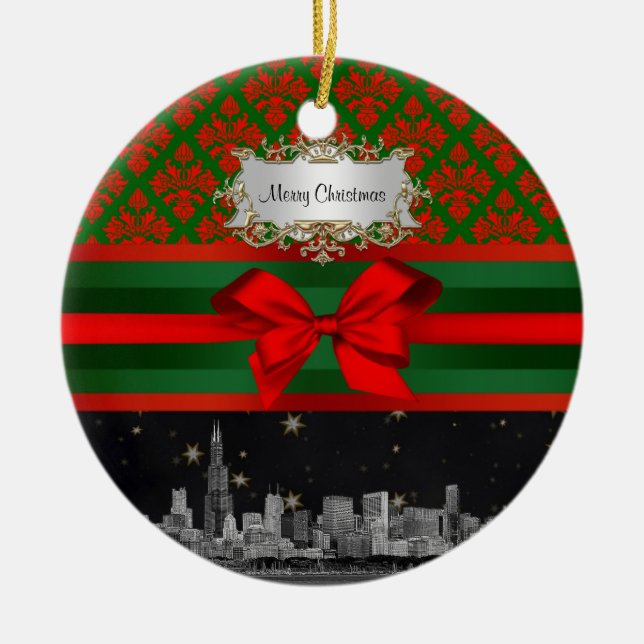 Chicago Skyline Red Grönt Damask #2 Bow Julafton Julgransprydnad Keramik (Framsidan)