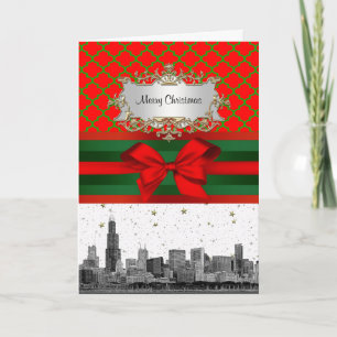 Chicago Skyline Red Grönt Quatrefoil Julafton Helgkort