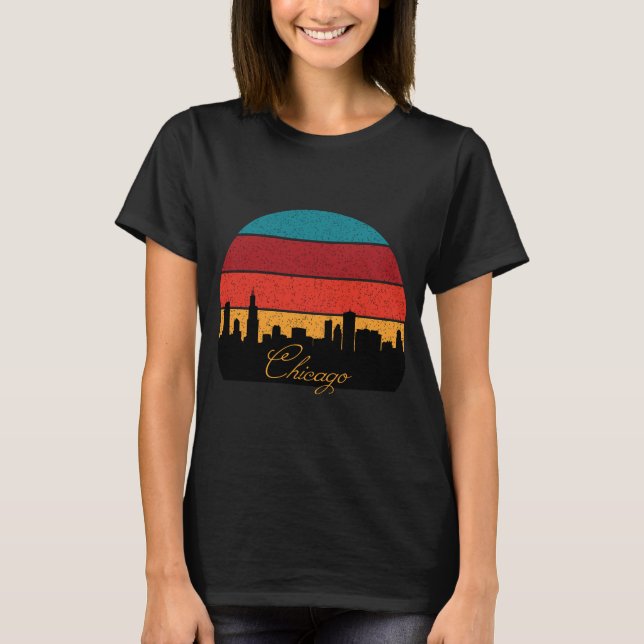 Chicago Skyline Retro Solnedgång Resa T Shirt (Framsida)