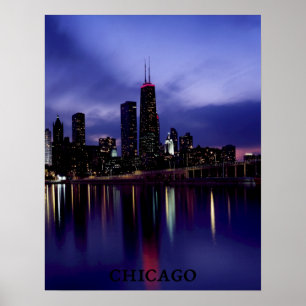 Chicago Skyline River Light Reflection vid Dusk Poster