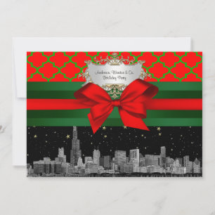 Chicago Skyline, Röd Grön Quatrefoil Jul Inbjudningar