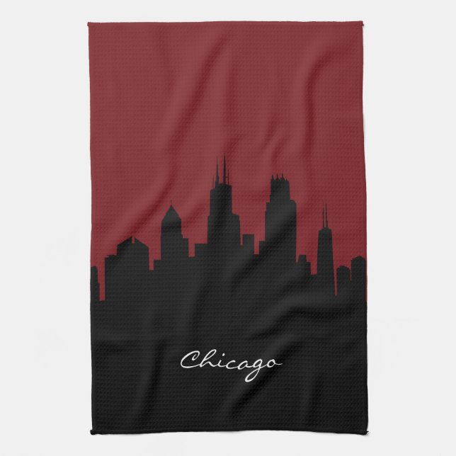 Chicago Skyline| Röd Mörk Kökshandduk (Vertikal)