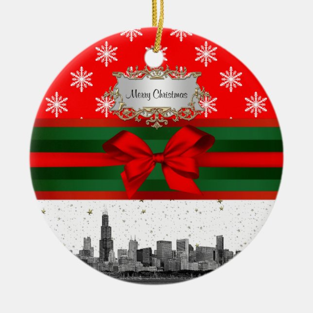 Chicago Skyline Röd Snöflinga Jul Julgransprydnad Keramik (Framsidan)